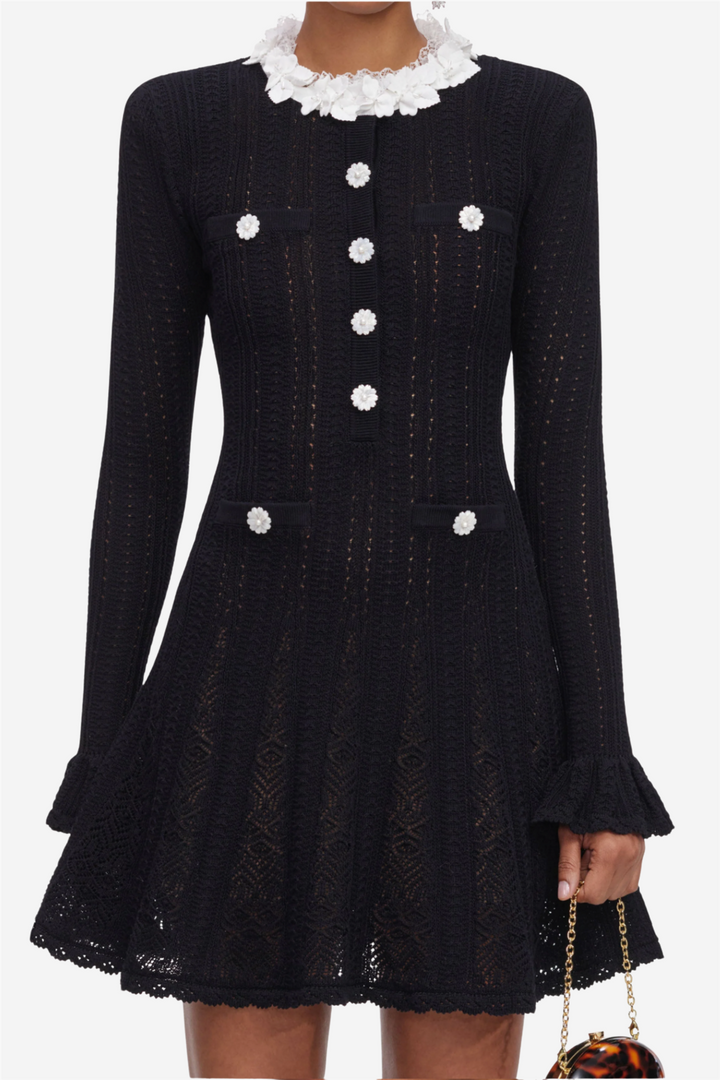Flower Trim Knit Mini Dress Black