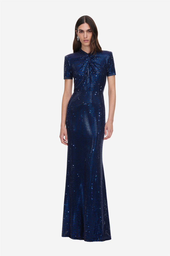 Rhinestone Mesh Twist Maxi Dress Navy