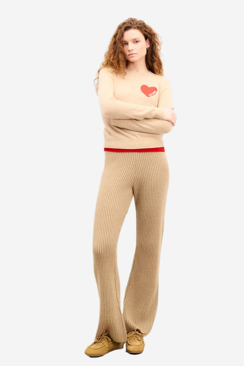 From Future Genser & Cardigan Crewneck Sweater with Future Heart Embroidery Beige Chine