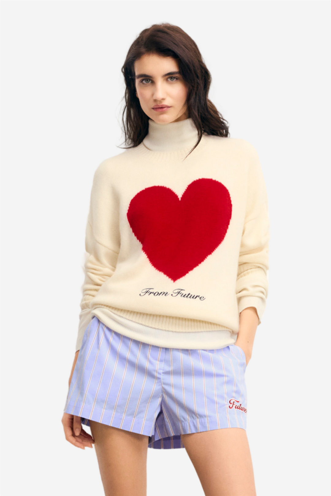 From Future Genser & Cardigan Future Embroidery Heart Crewneck Sweater Ecru
