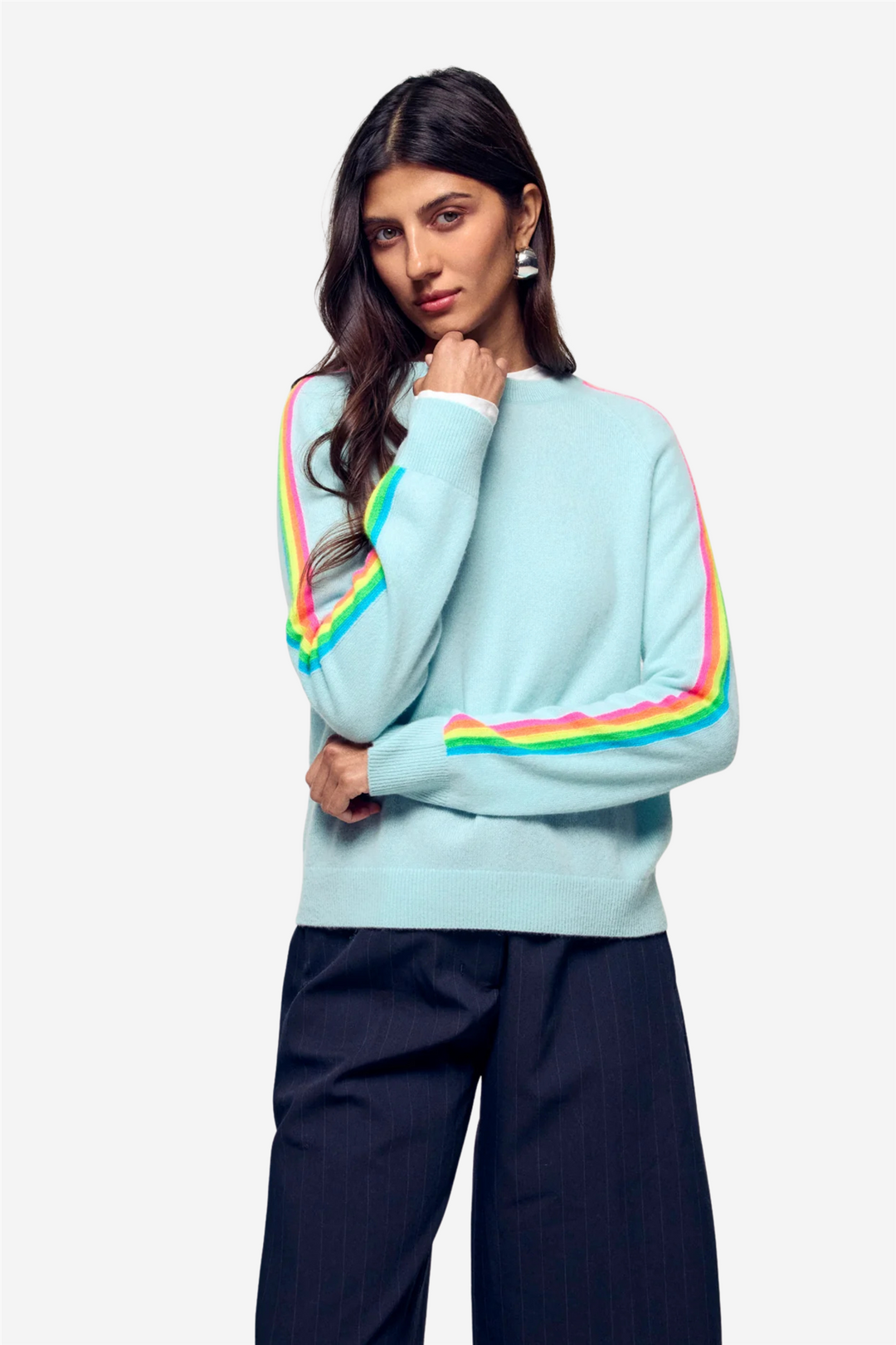 From Future Genser & Cardigan Multicolored Stripe Sleeve Crewneck Star Blue