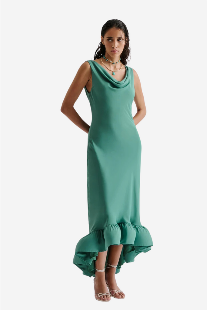 Alia Cowl Neck Ruffled Maxi Dress Deep Aqua – Me & My Cousin