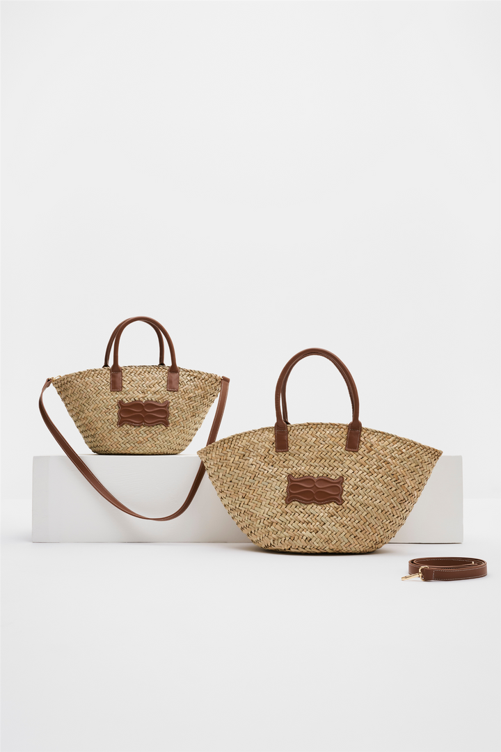 Malina Vesker Large Monogram Straw Tote Cognac
