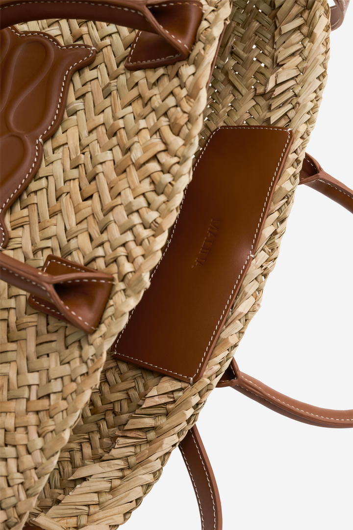 Malina Vesker Small Monogram Straw Tote Cognac