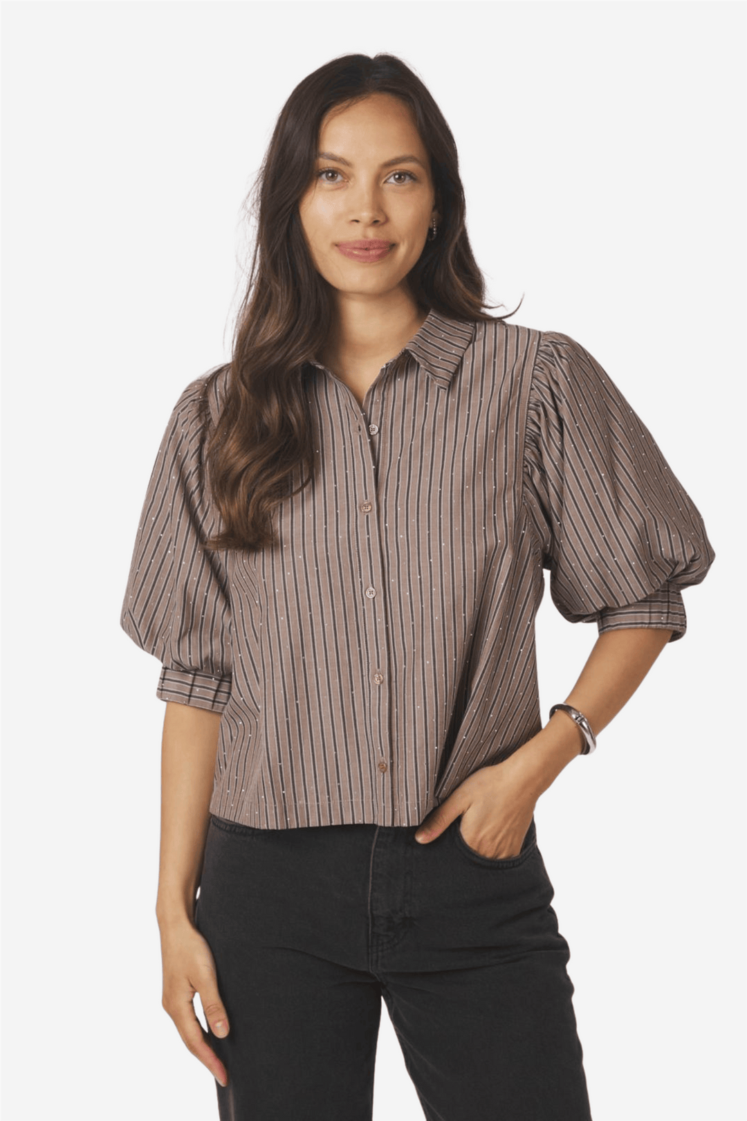 Neo Noir Bluser & Skjorter Etta Soft Stripe Stone Shirt Brown