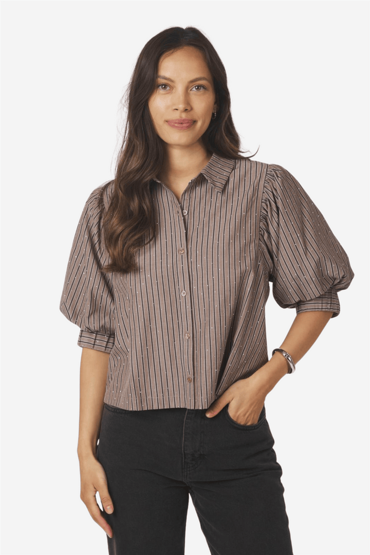 Neo Noir Bluser & Skjorter Etta Soft Stripe Stone Shirt Brown