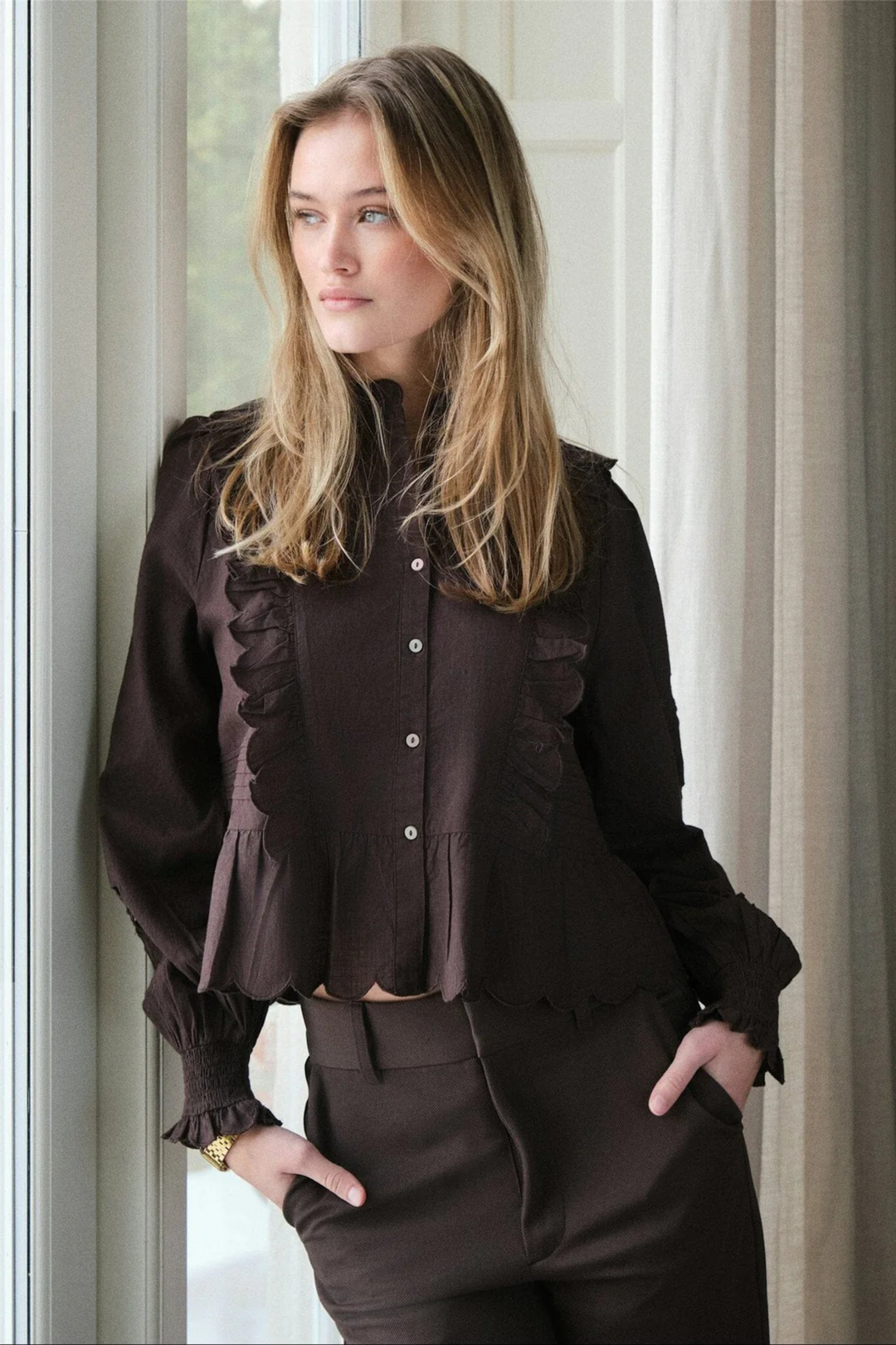 Neo Noir Bluser & Skjorter Petrine Embroidery Blouse Dark Brown