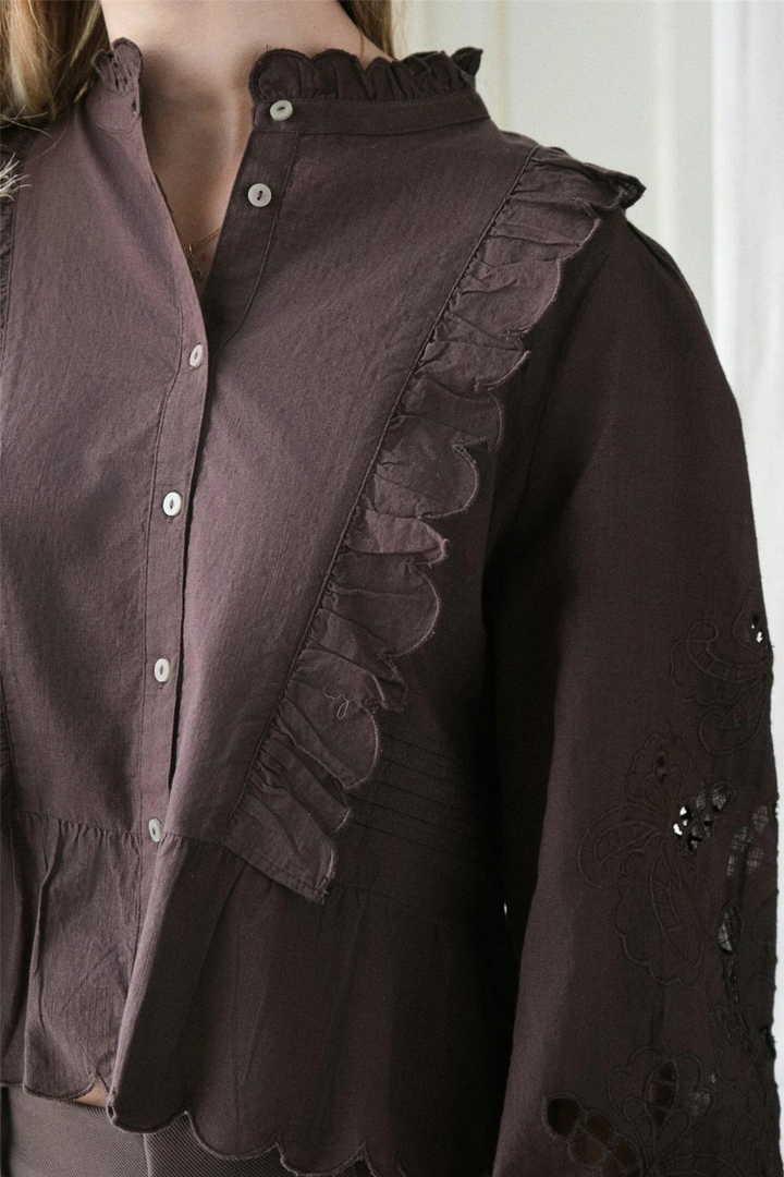 Neo Noir Bluser & Skjorter Petrine Embroidery Blouse Dark Brown