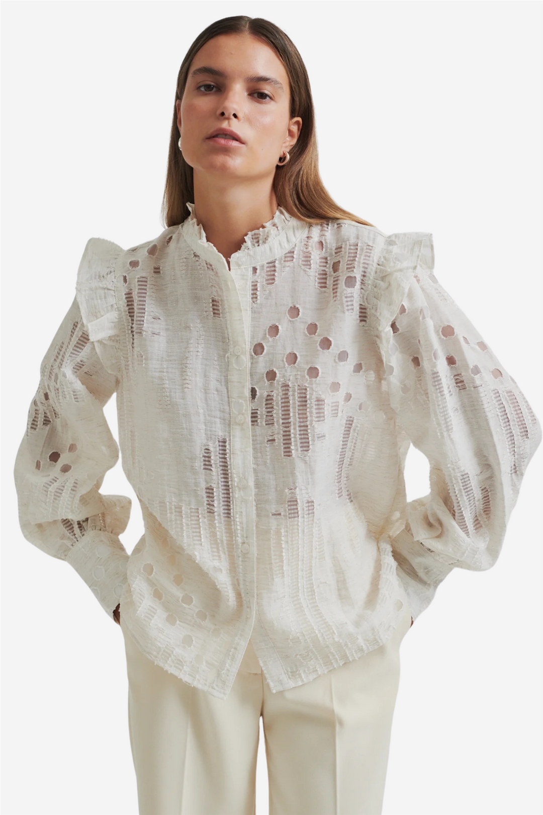 Second Female Bluser & Skjorter Nete Frill Shirt Coconut Milk