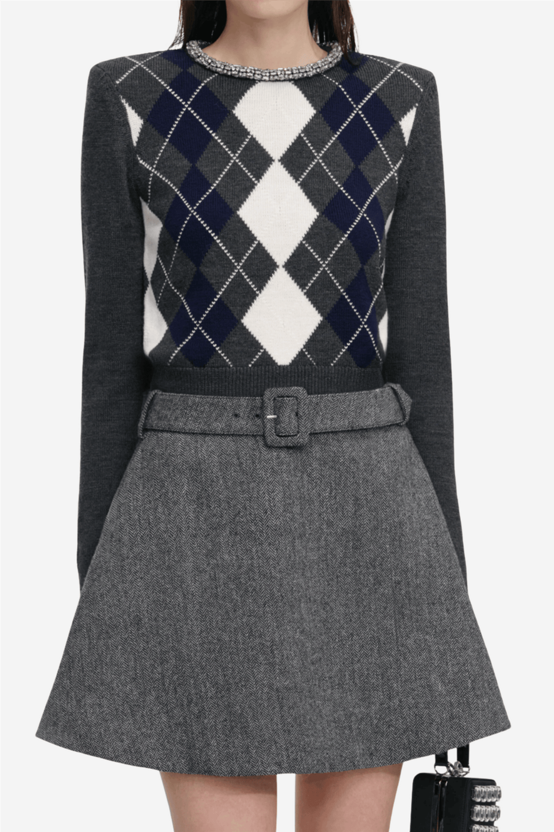 Self-Portrait Genser & Cardigan Grey Argyle Crystal Trim Jumper