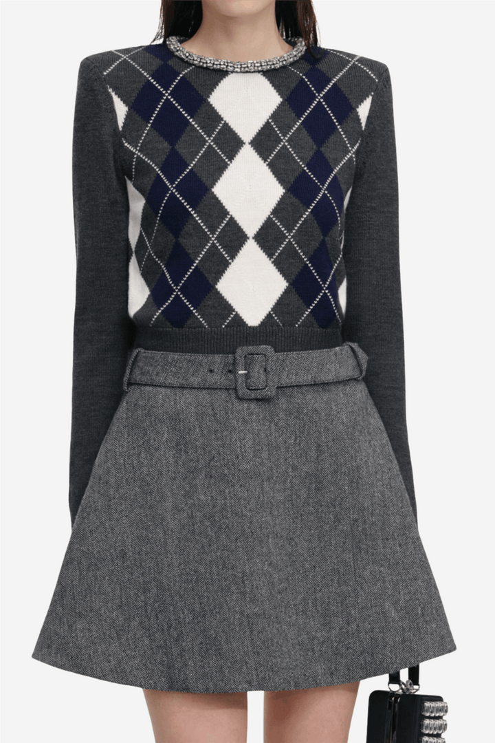 Self-Portrait Genser & Cardigan Grey Argyle Crystal Trim Jumper