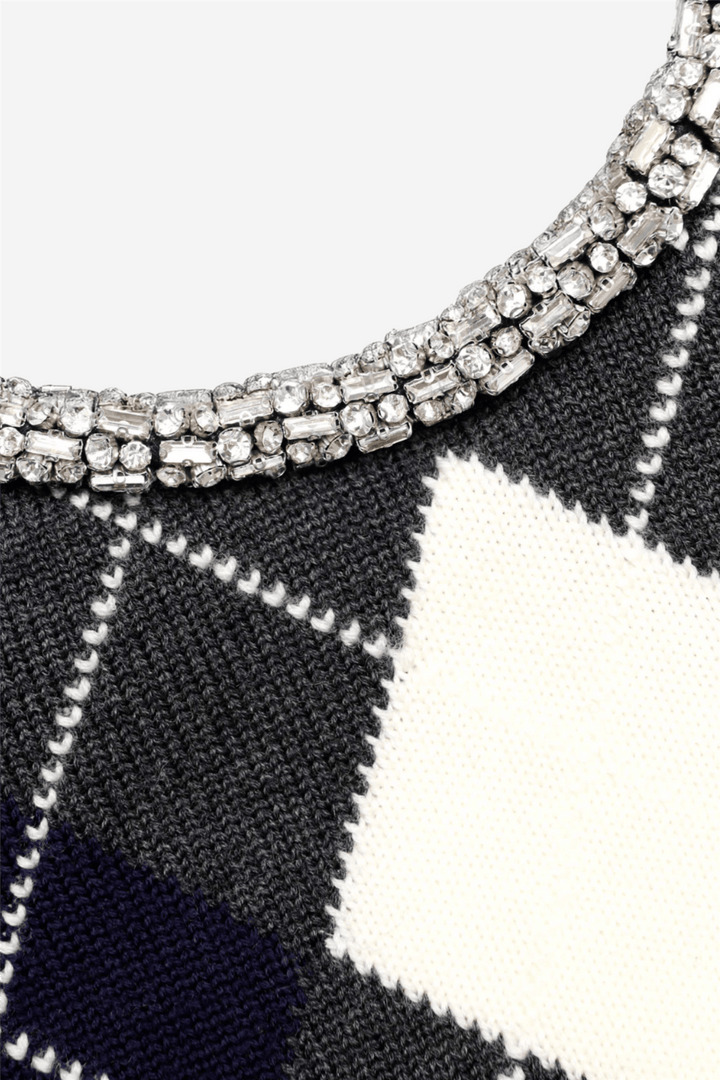 Self-Portrait Genser & Cardigan Grey Argyle Crystal Trim Jumper