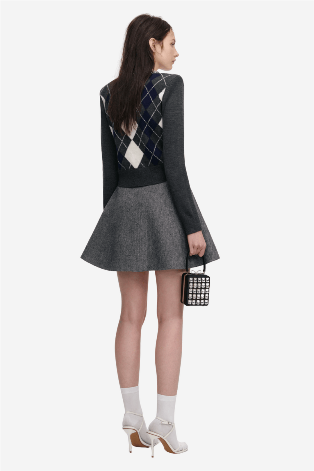 Self-Portrait Genser & Cardigan Grey Argyle Crystal Trim Jumper
