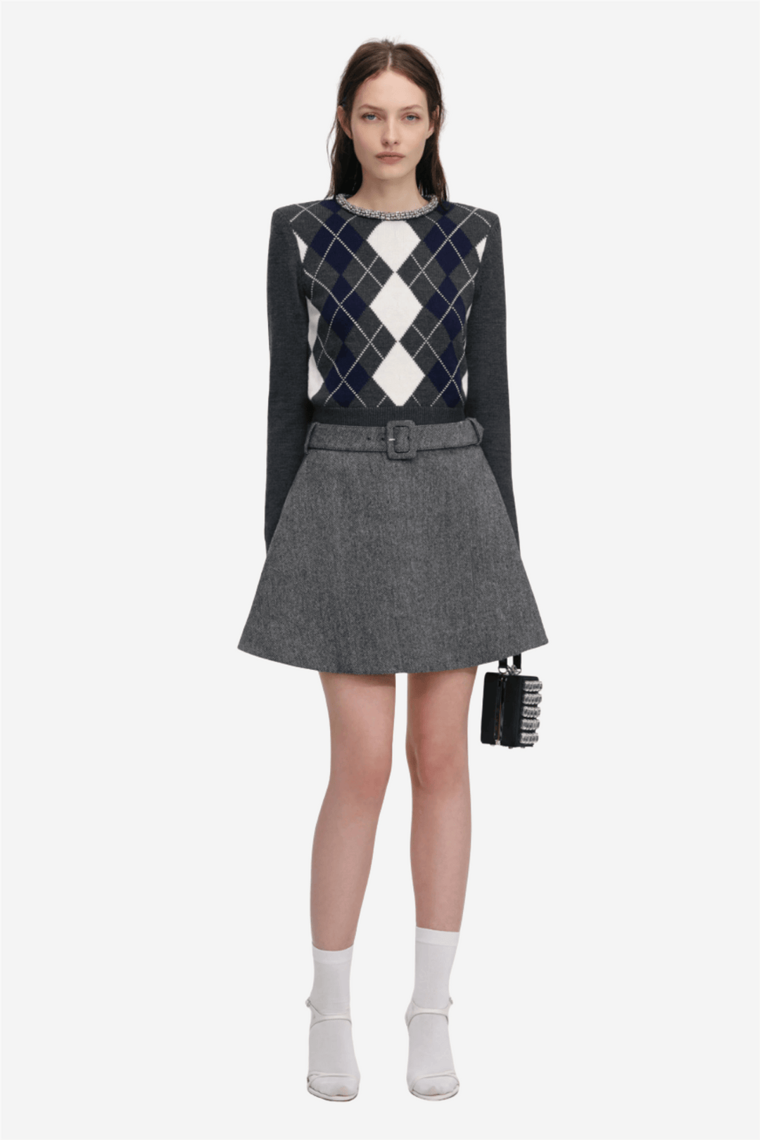 Self-Portrait Genser & Cardigan Grey Argyle Crystal Trim Jumper