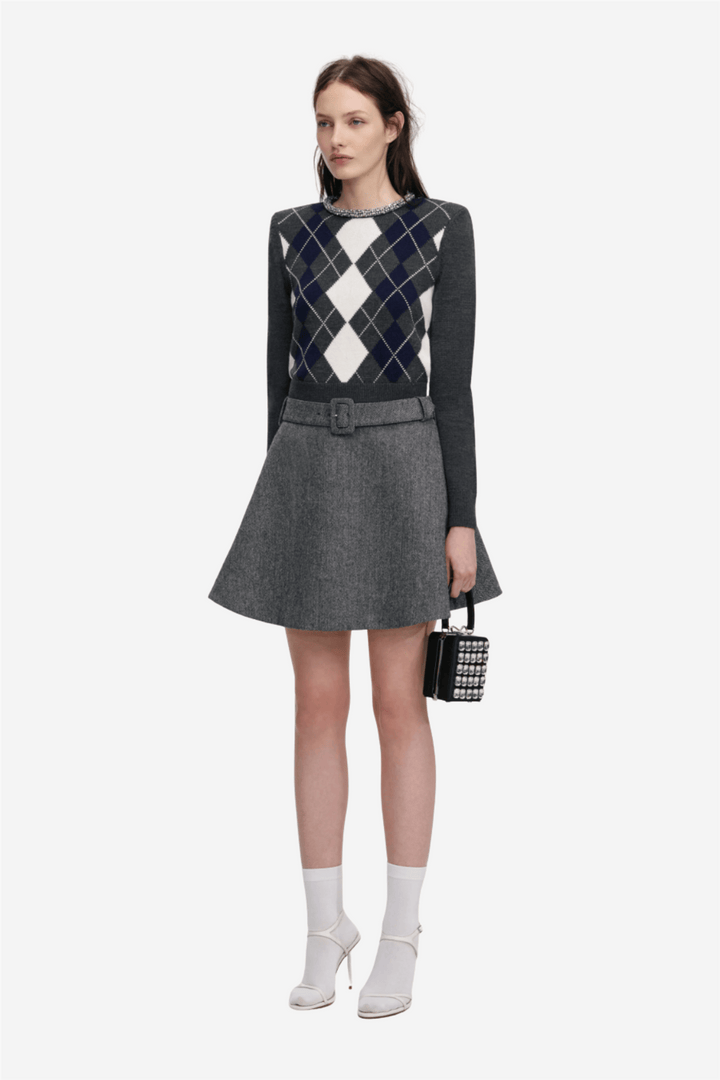 Self-Portrait Genser & Cardigan Grey Argyle Crystal Trim Jumper