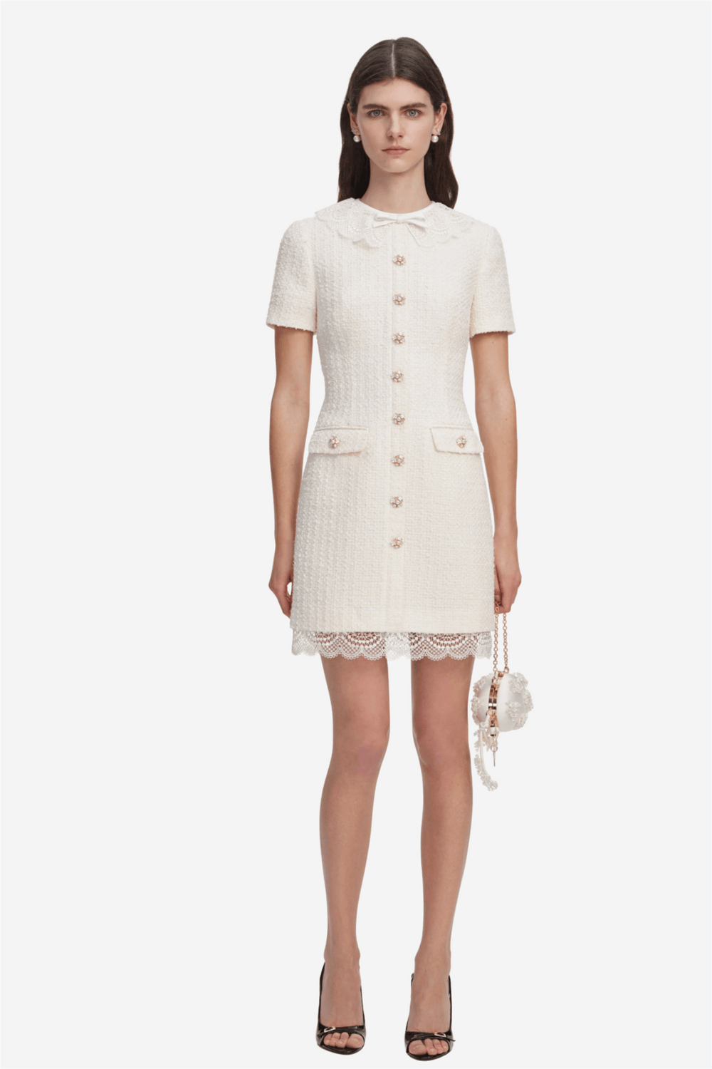Self-Portrait Kjoler & jumpsuits Boucle Lace Trim Mini Dress Cream