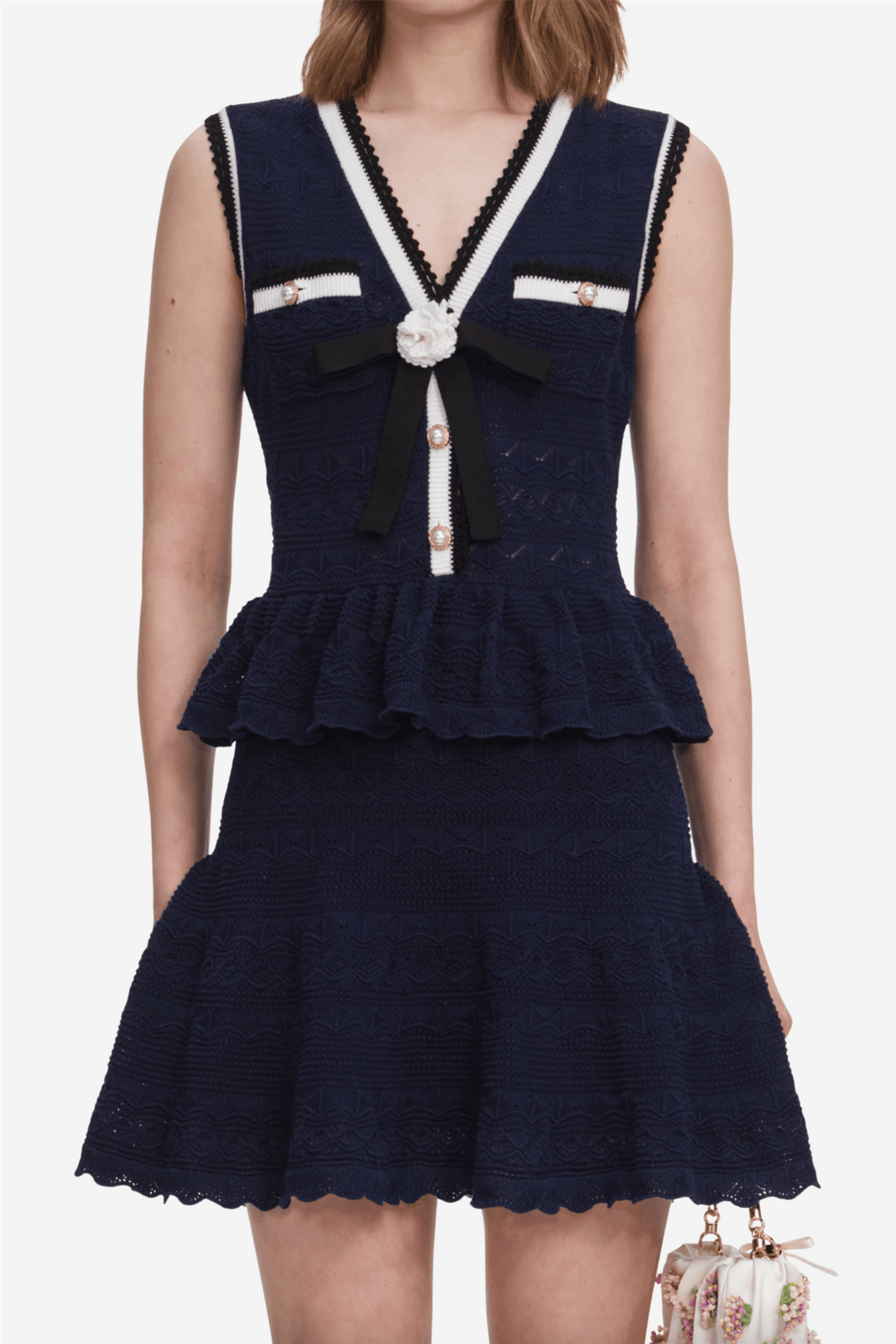 Self-Portrait Kjoler & jumpsuits Peplum Pointelle Knit Mini Dress Navy