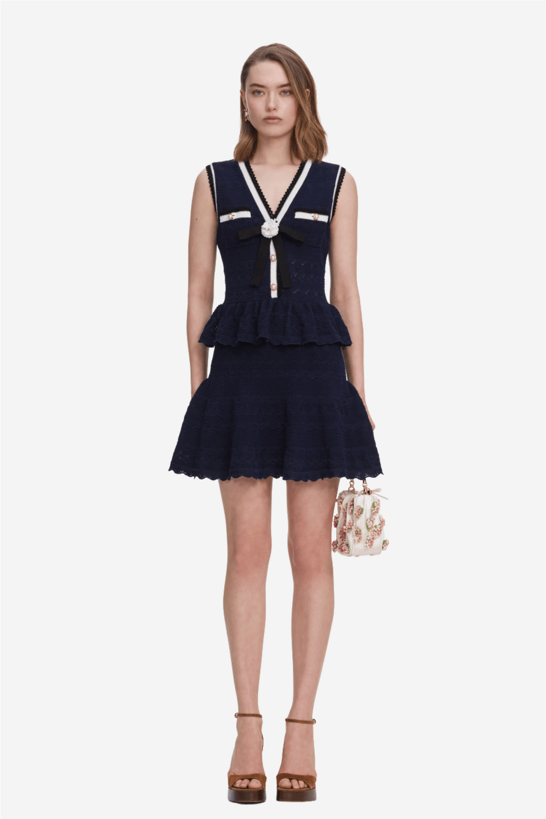Self-Portrait Kjoler & jumpsuits Peplum Pointelle Knit Mini Dress Navy