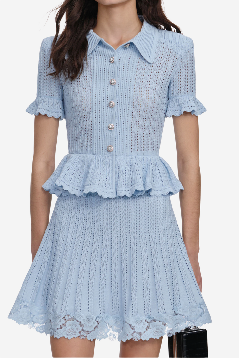 Self-Portrait Kjoler & jumpsuits Pointelle Peplum Knit Mini Dress Blue