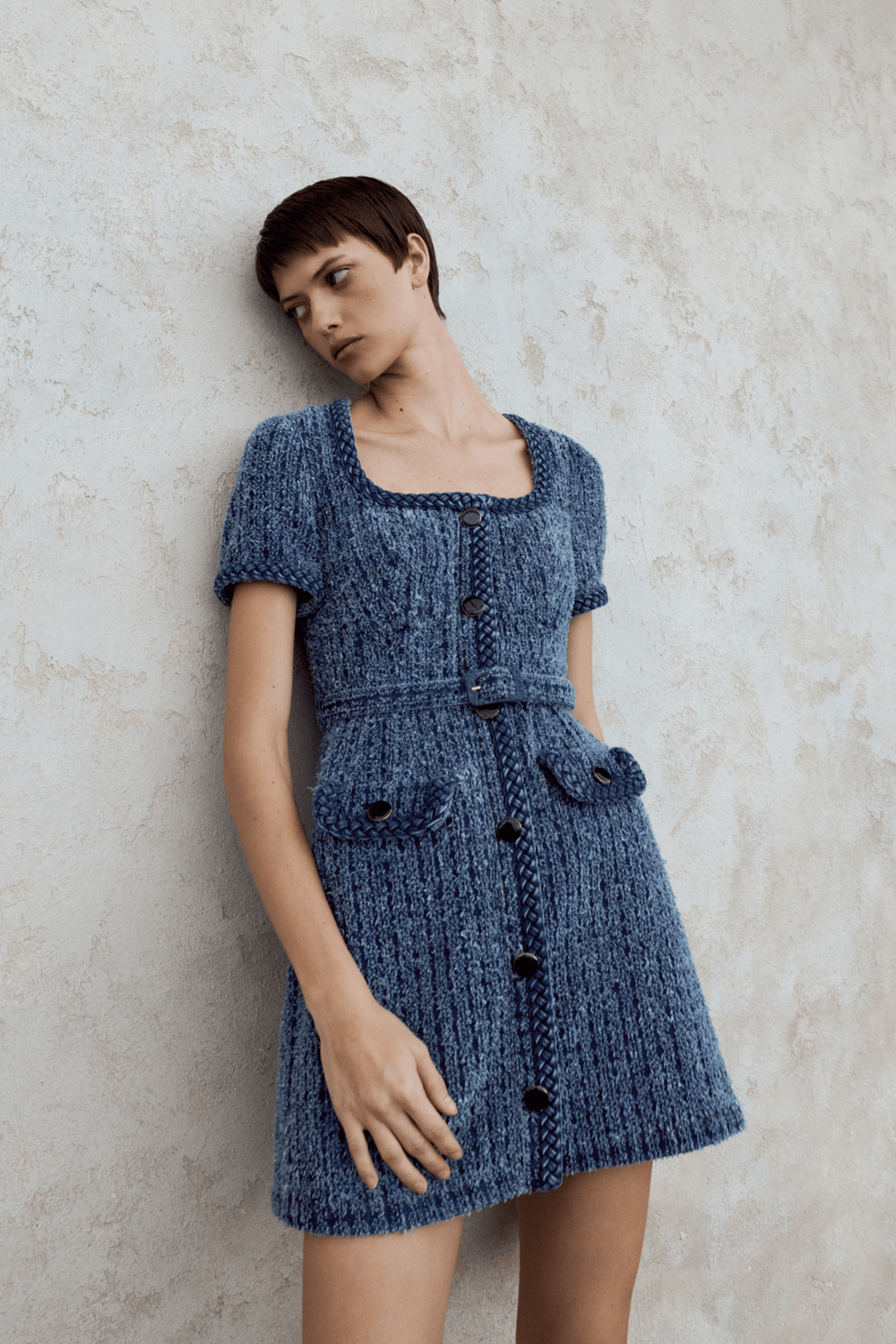 Self Portrait Kjoler & jumpsuits Textured Denim Short Sleeve Mini Dress