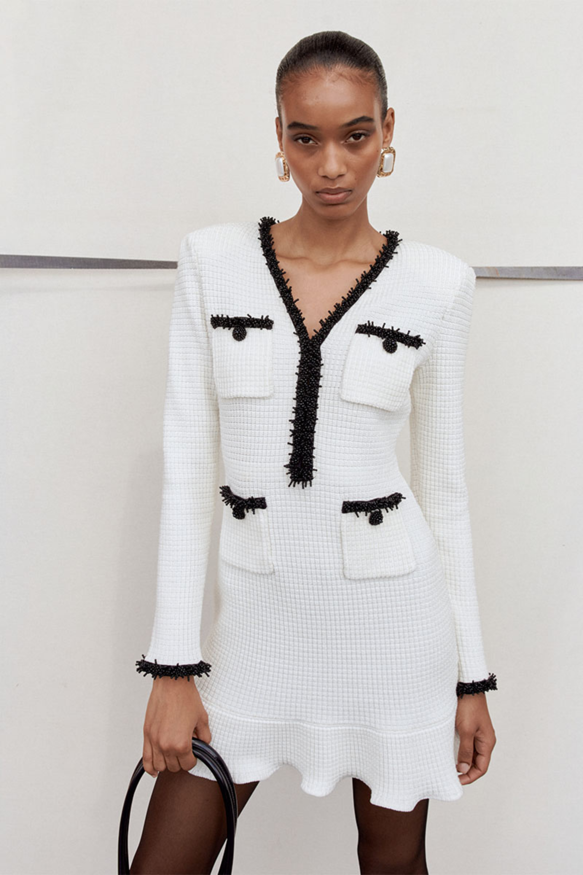 【PERVERZE】Pressed Knit Head Dress White Pearl Trim Knit Mini Dress – Me & My Cousin