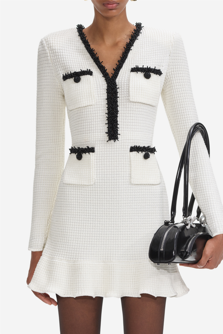 Self-Portrait Kjoler & jumpsuits White Pearl Trim Knit Mini Dress