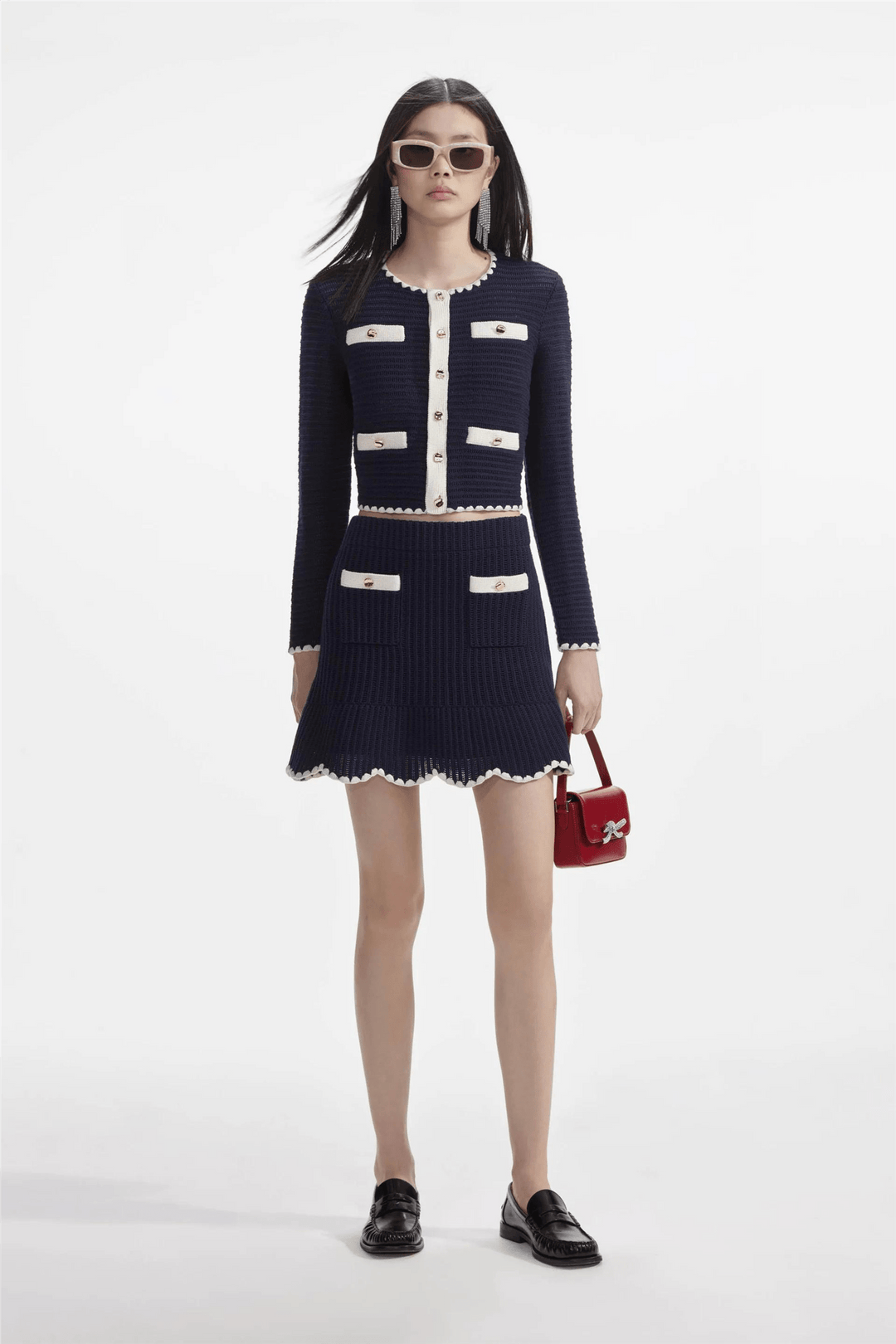 Self Portrait Skjørt Navy Crochet Contrast Trim Mini Skirt
