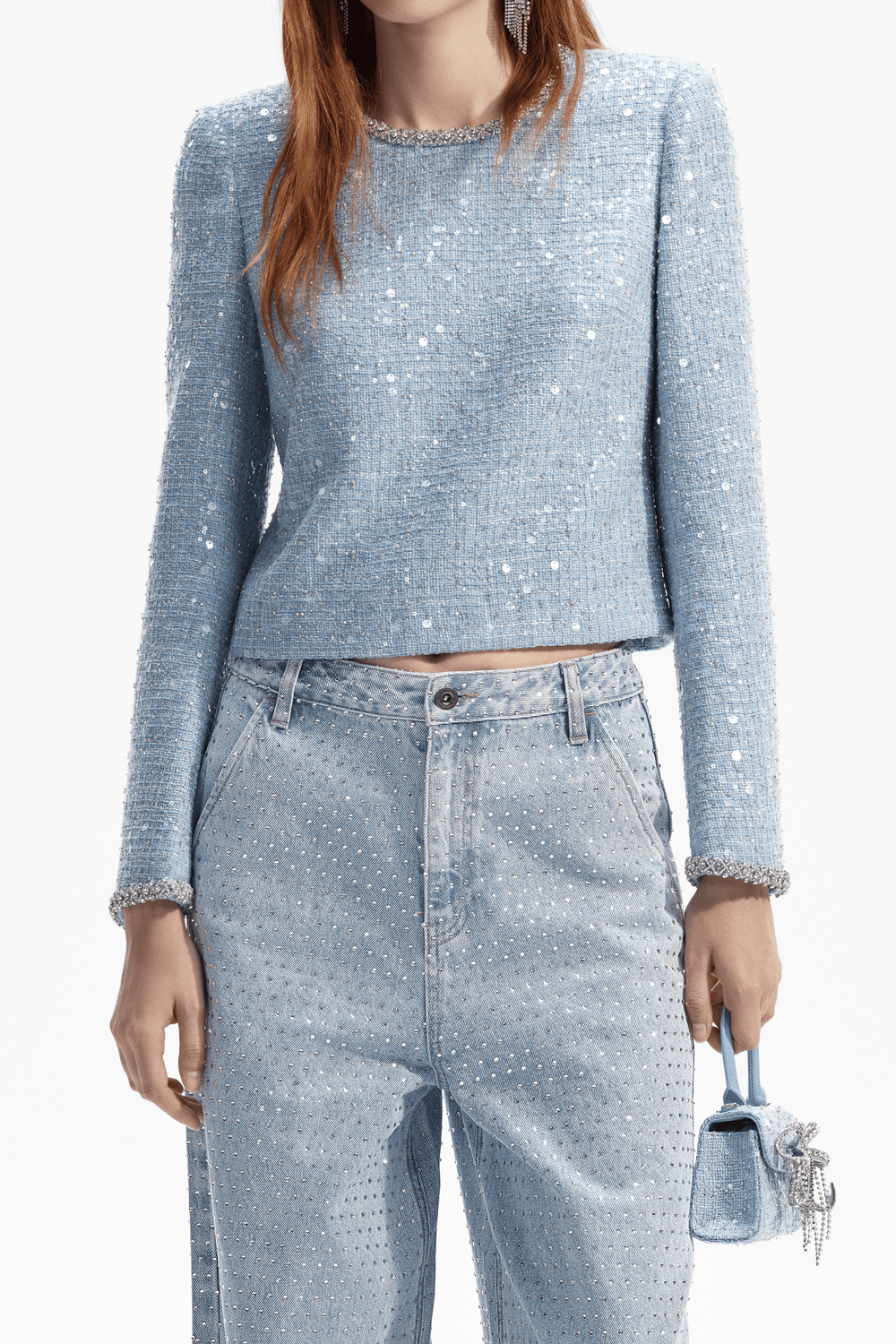 Self Portrait Topper & t-skjorter Blue Sequin Boucle Top