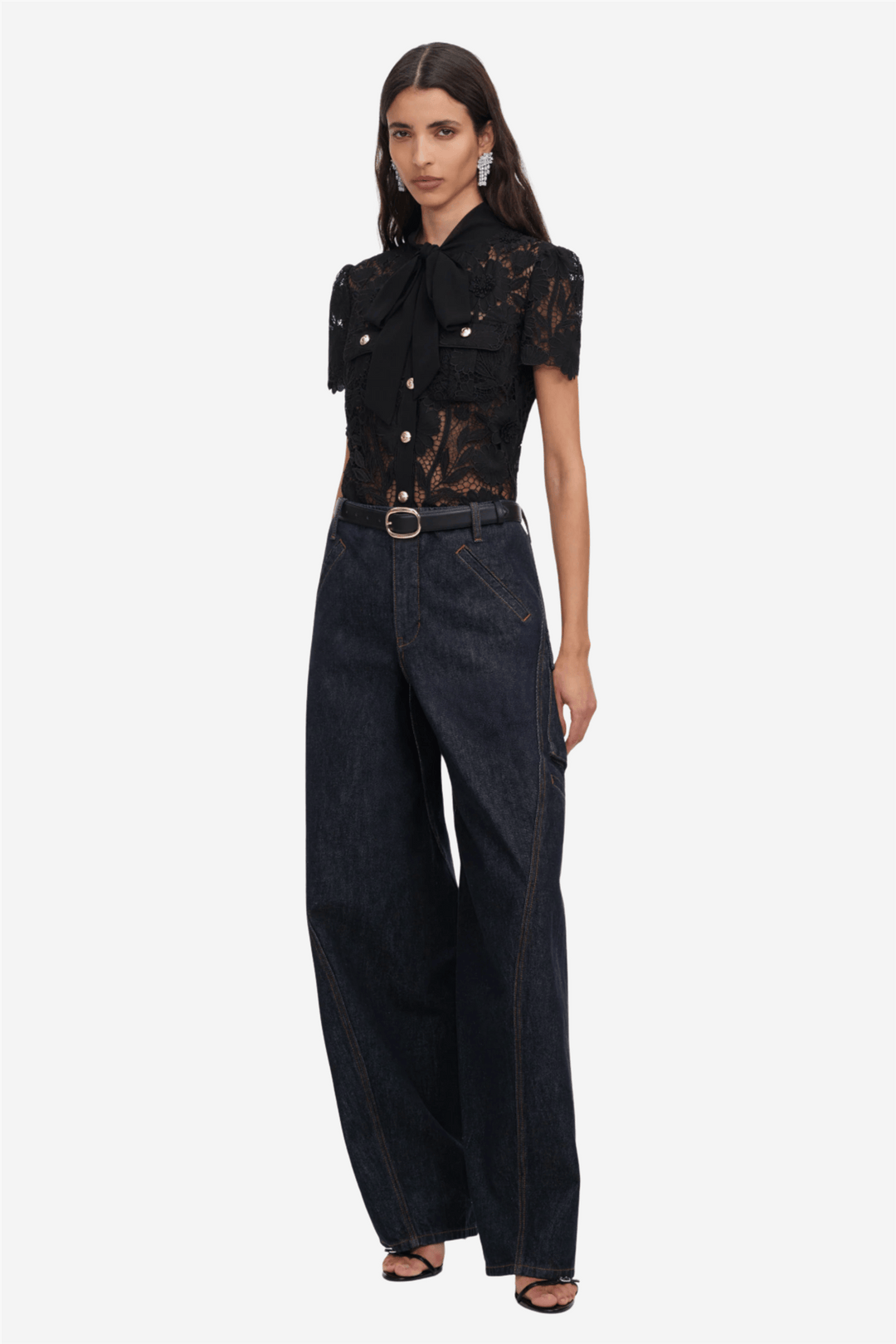 Self-Portrait Topper & t-skjorter Lace Tie Neck Top Black