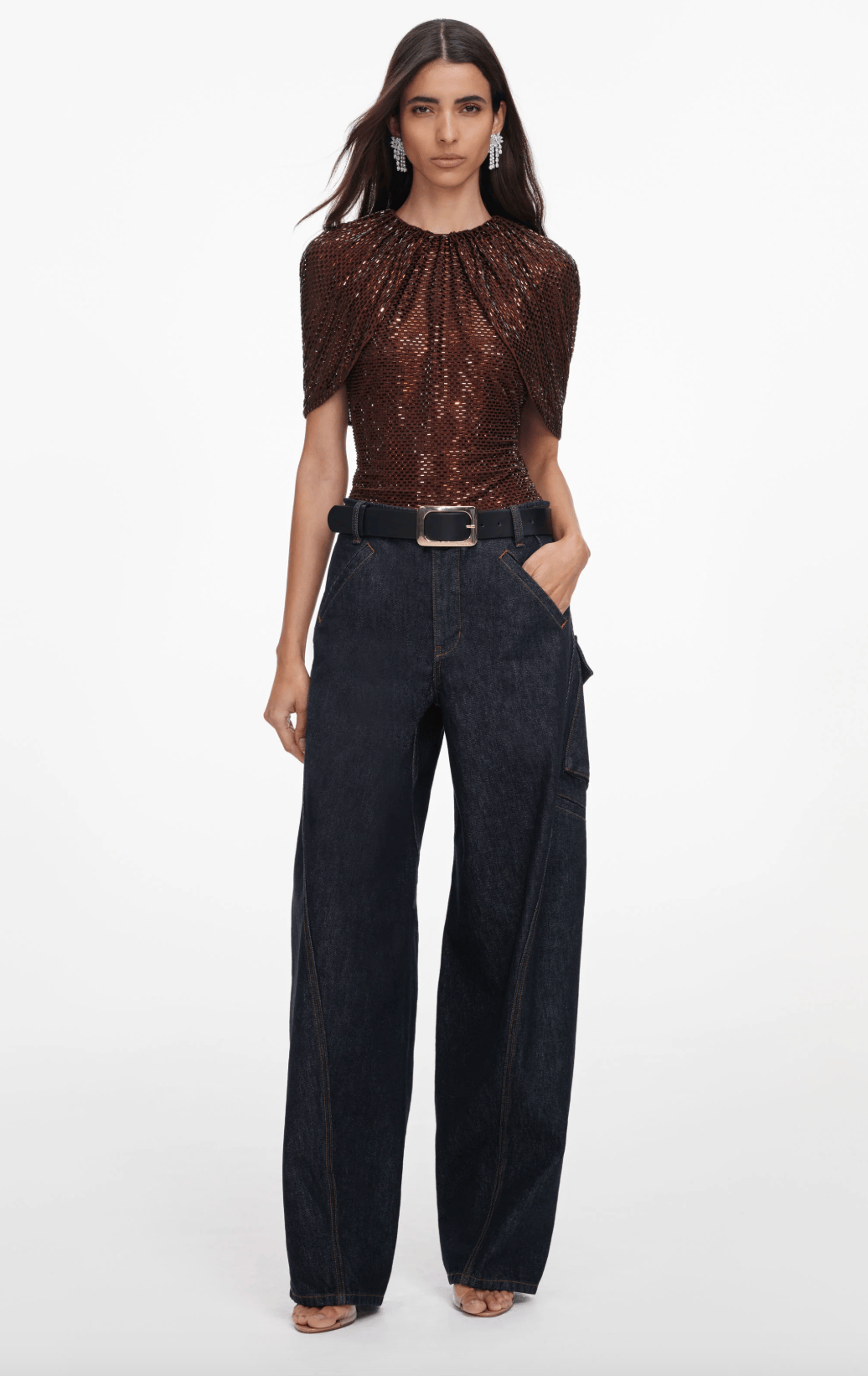 Self-Portrait Topper & t-skjorter Rhinestone Cape Sleeve Top Brown
