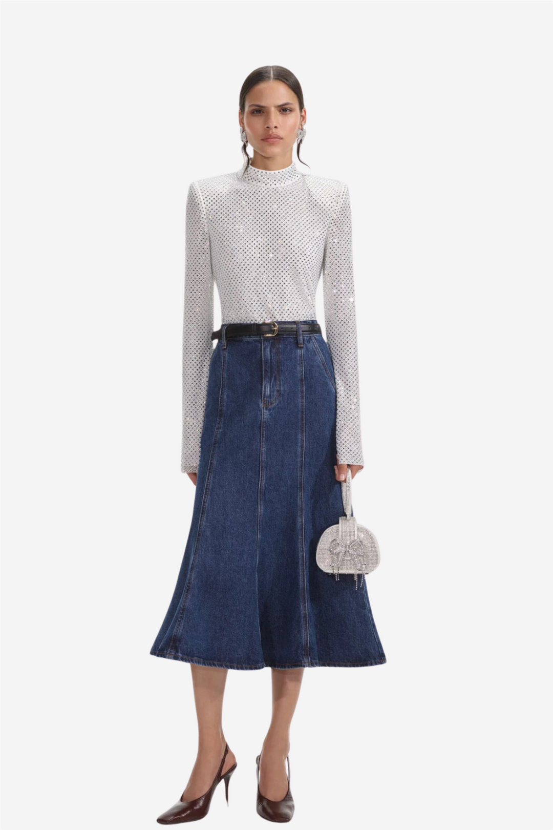 Self-Portrait Topper & t-skjorter Silver Rhinestone Fishnet Top