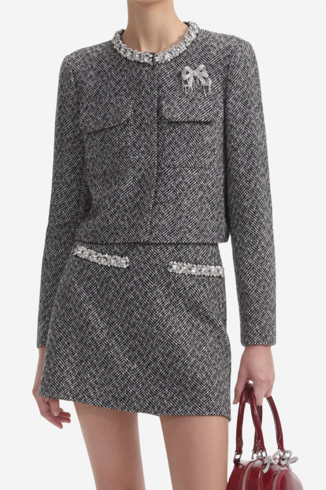 Self-Portrait Yttertøy Black Herringbone Embellished Jacket