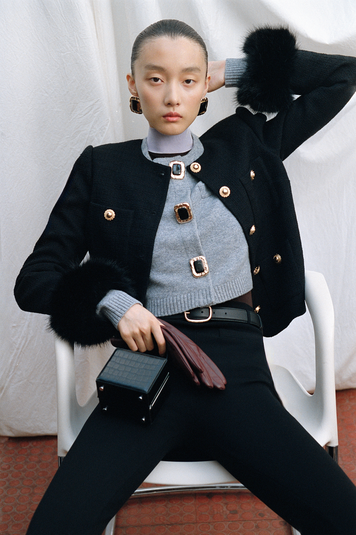 Self-Portrait Yttertøy Boucle Fur Cuff Jacket Black