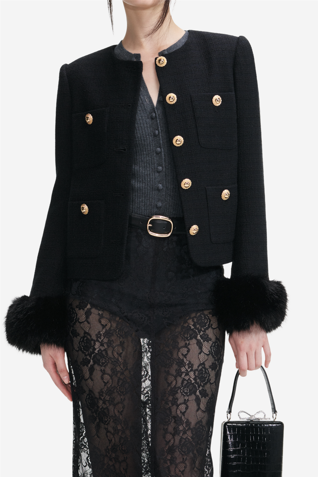Self-Portrait Yttertøy Boucle Fur Cuff Jacket Black