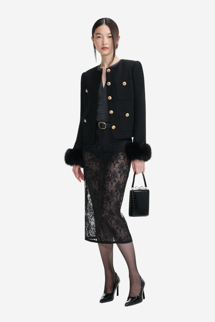 Self-Portrait Yttertøy Boucle Fur Cuff Jacket Black