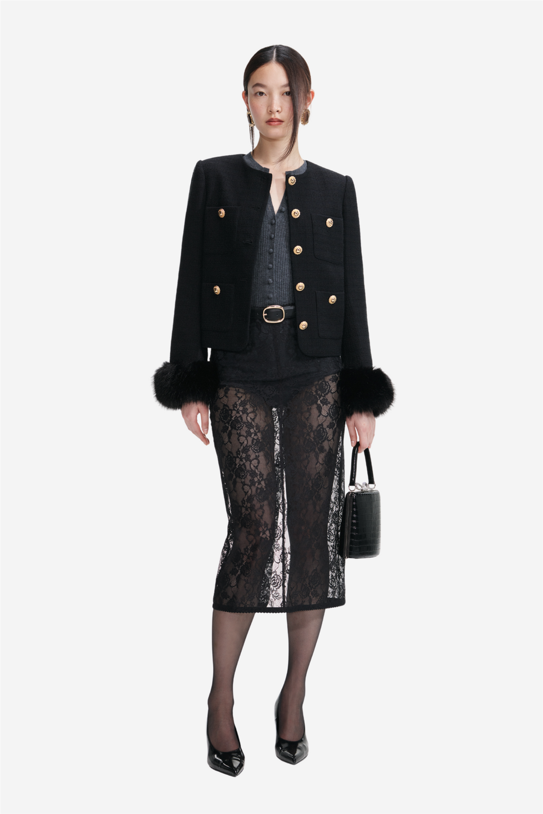 Self-Portrait Yttertøy Boucle Fur Cuff Jacket Black