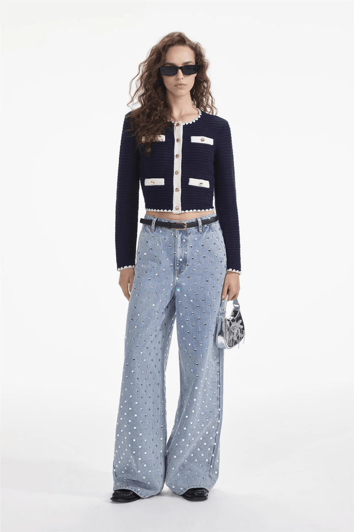 Self Portrait Yttertøy Navy Crochet Contrast Trim Cardigan