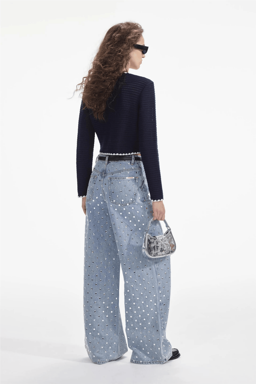 Self Portrait Yttertøy Navy Crochet Contrast Trim Cardigan