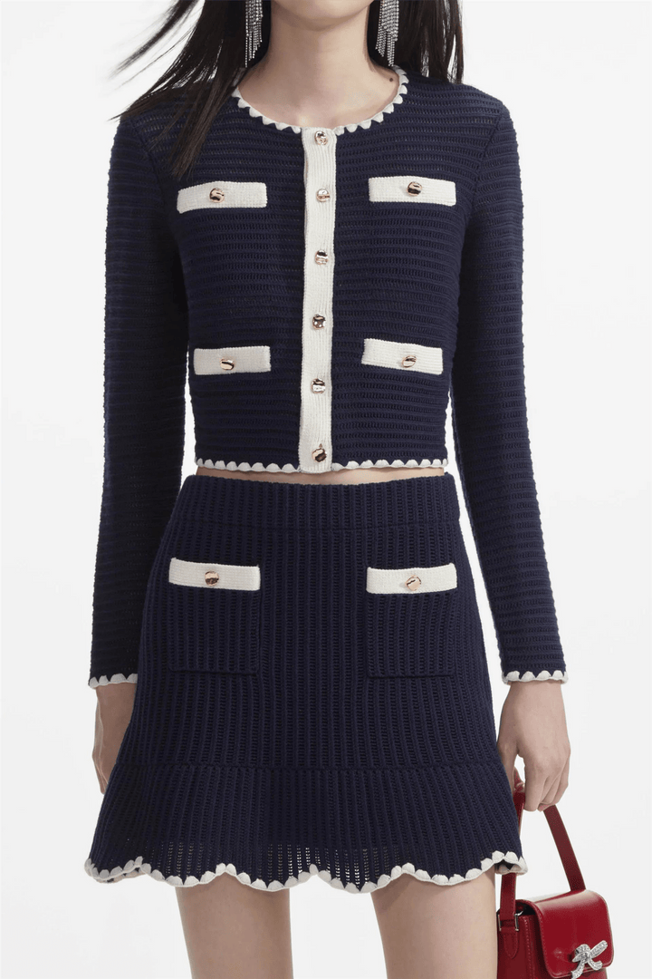 Self Portrait Yttertøy Navy Crochet Contrast Trim Cardigan