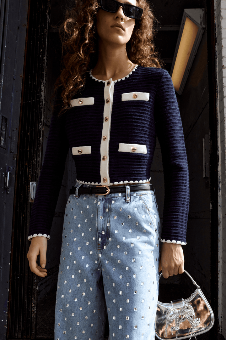 Self Portrait Yttertøy Navy Crochet Contrast Trim Cardigan