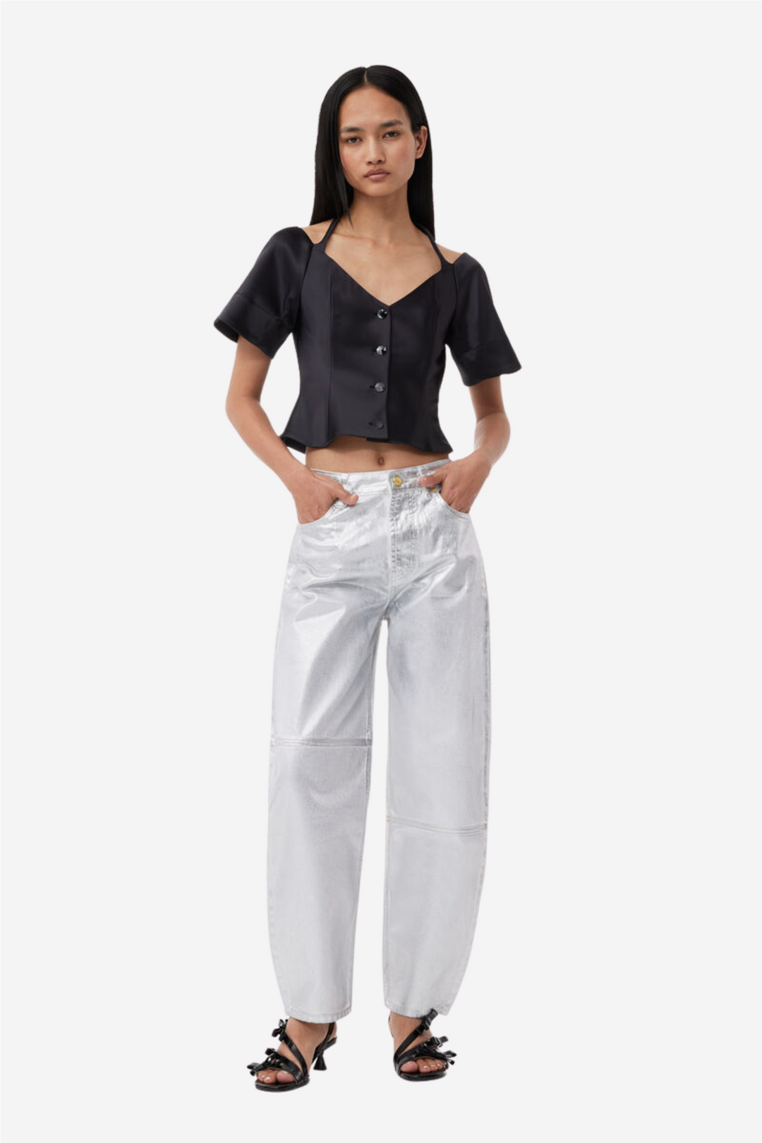 Double Satin Fitted Open-Neck Blouse Black