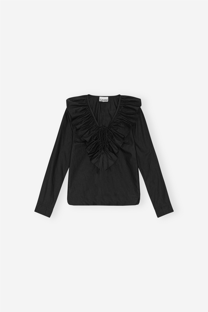 Cotton Poplin Ruffle V-neck Blouse Black