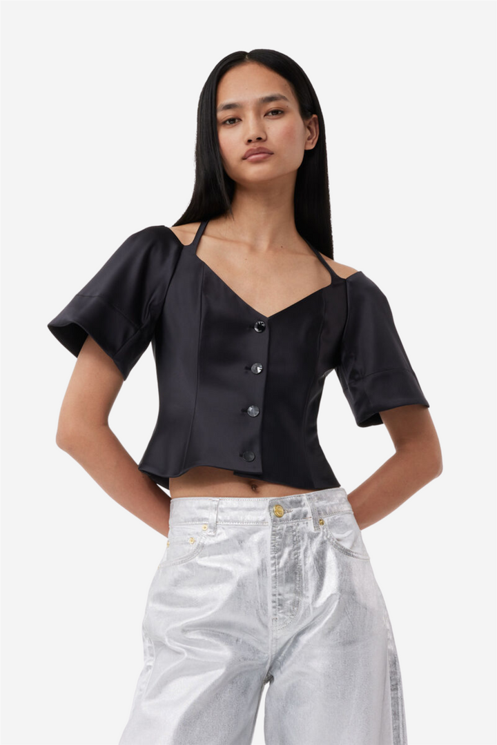 Double Satin Fitted Open-Neck Blouse Black
