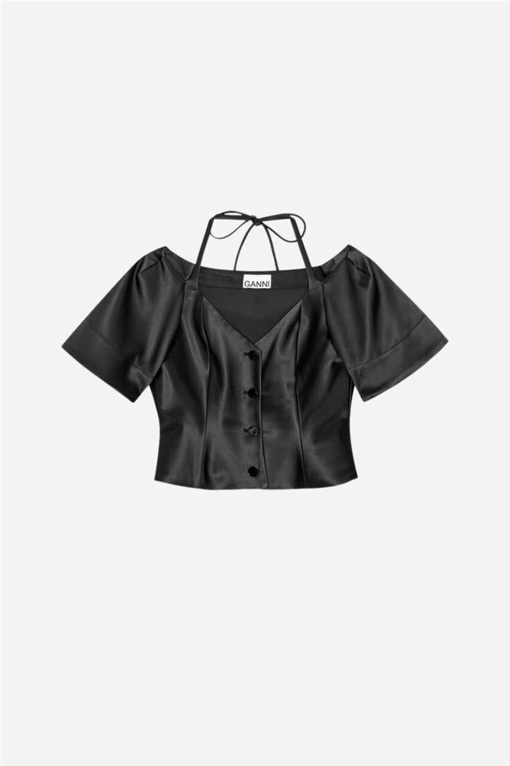 Double Satin Fitted Open-Neck Blouse Black