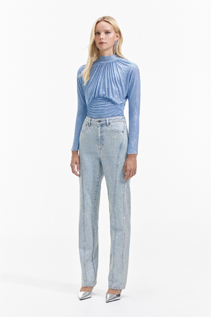 Light Blue Rhinestone Mesh Top