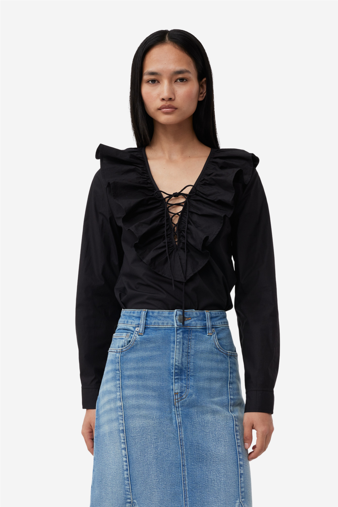 Ganni Bluser & Skjorter Cotton Poplin Ruffle V-neck Blouse Black