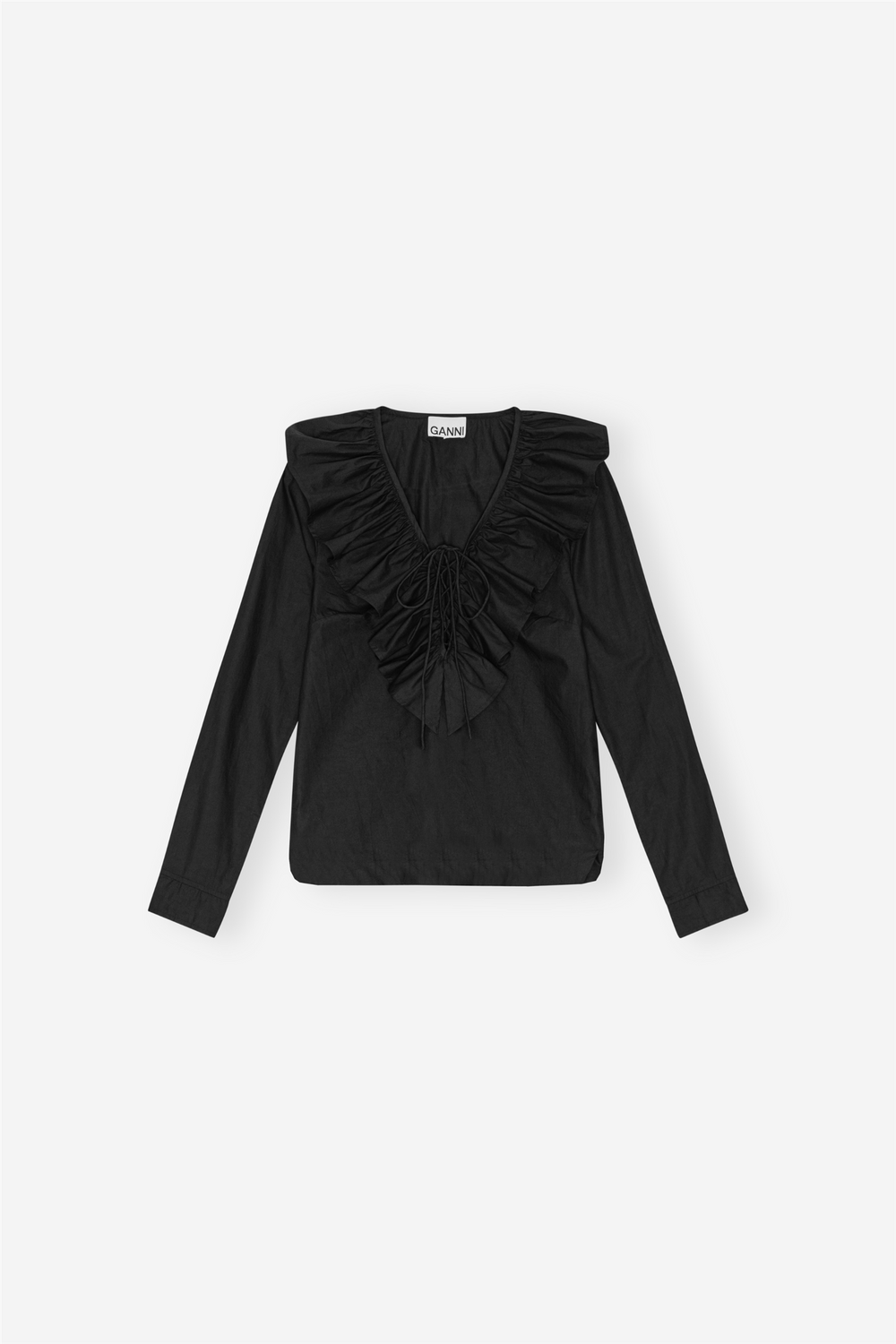 Ganni Bluser & Skjorter Cotton Poplin Ruffle V-neck Blouse Black