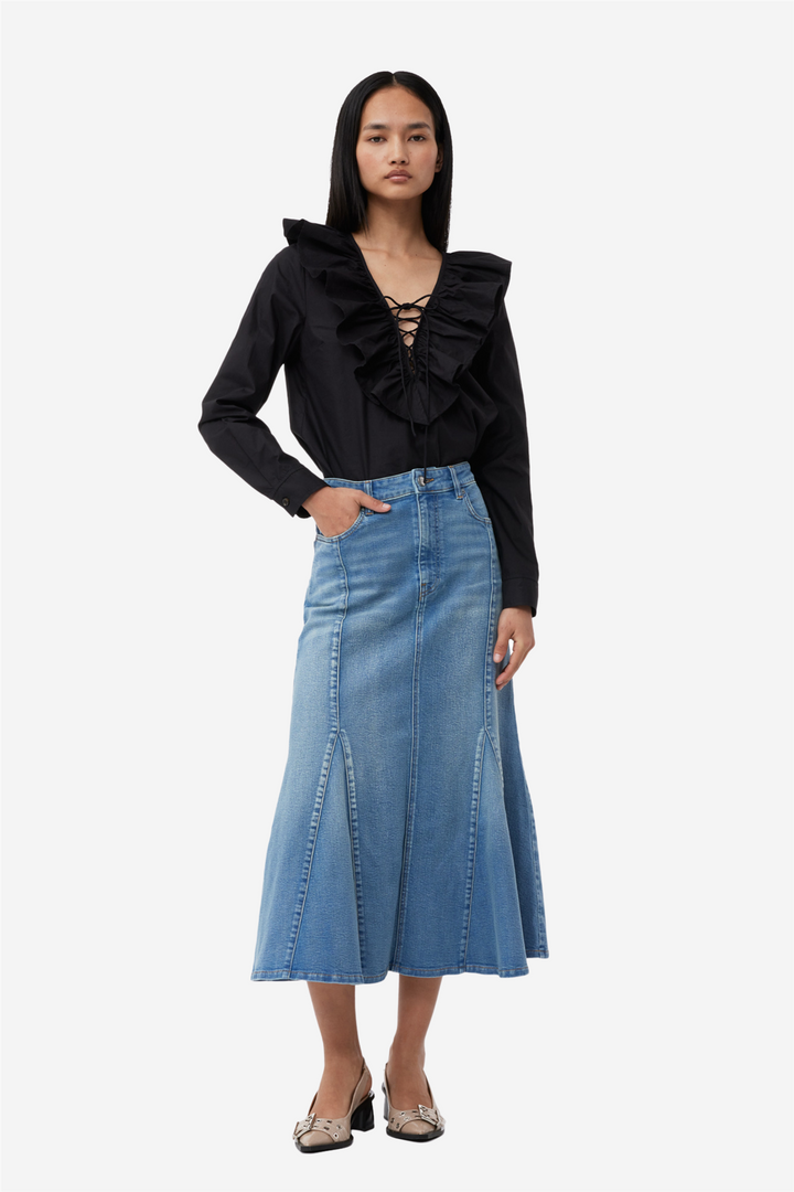 Ganni Bluser & Skjorter Cotton Poplin Ruffle V-neck Blouse Black