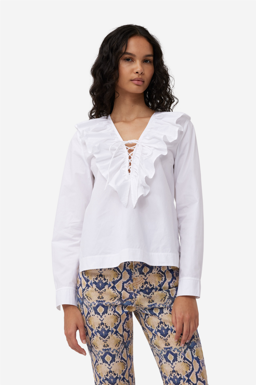 Ganni Bluser & Skjorter Cotton Poplin Ruffle V-neck Blouse Bright White