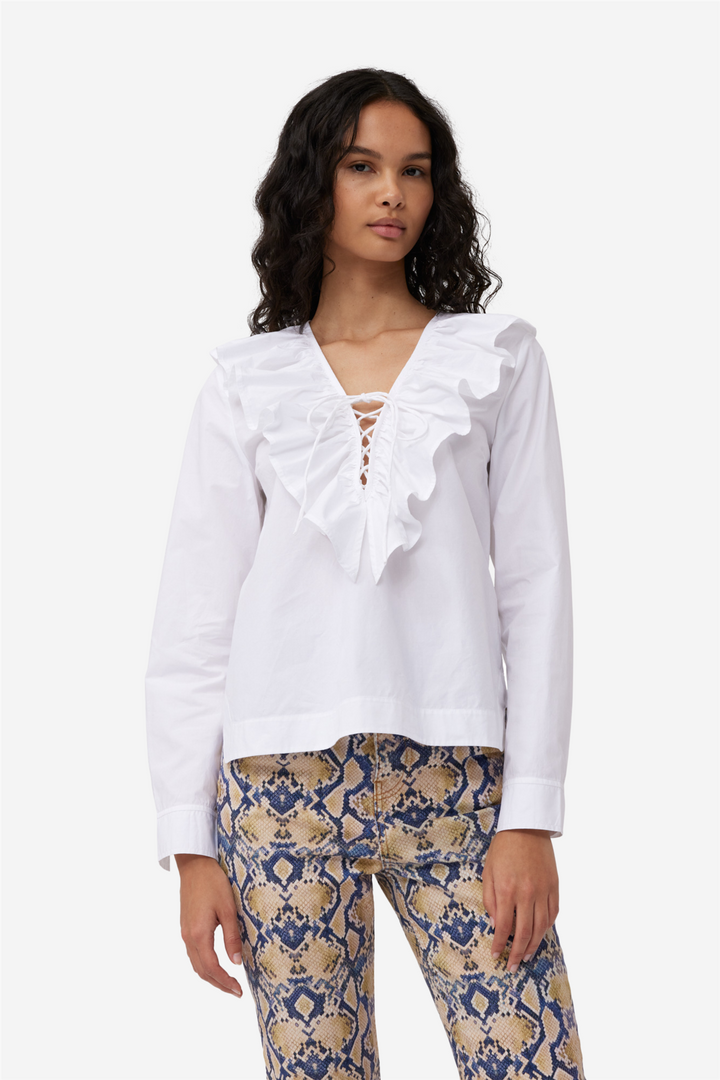 Ganni Bluser & Skjorter Cotton Poplin Ruffle V-neck Blouse Bright White